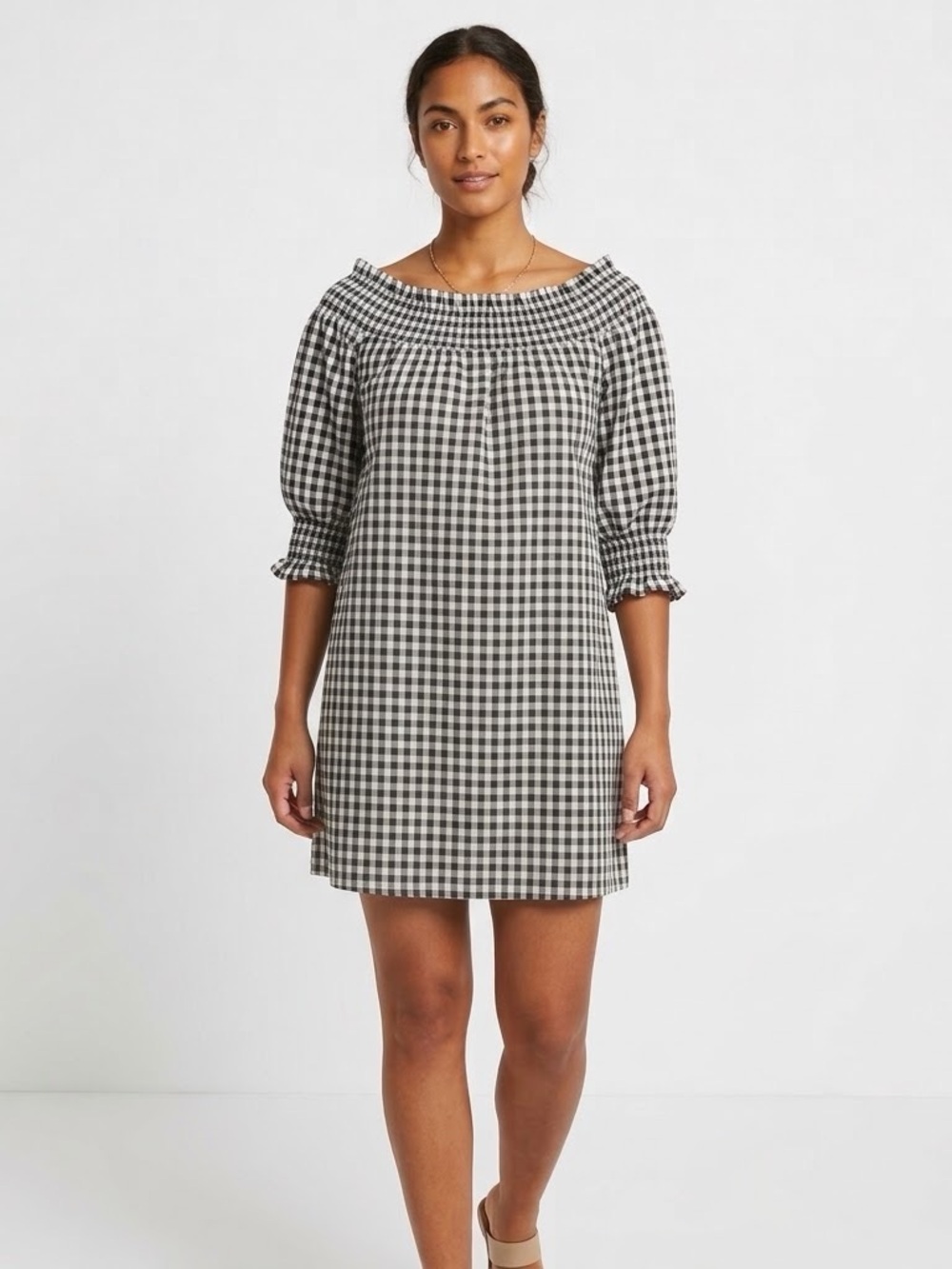 Black & White Gingham Off-Shoulder Mini Dress